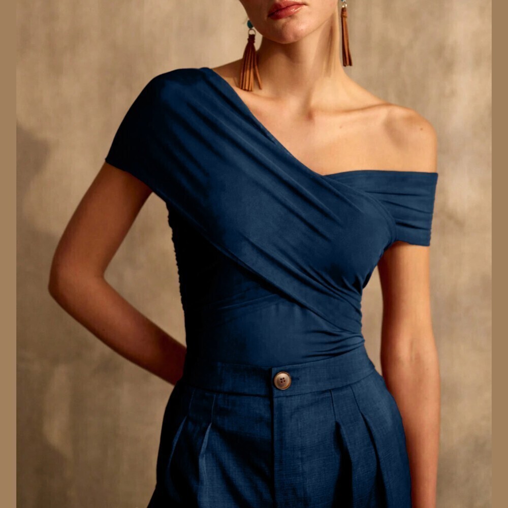 Navy Blue Draped Asymmetric One Shoulder Slim Fit Top